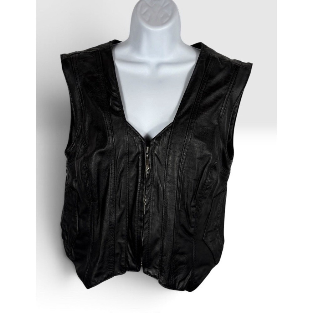 Vtg Harley Davidson Womens XL Leather Vest Embossed Rebel Rose USA Made BLK 2108